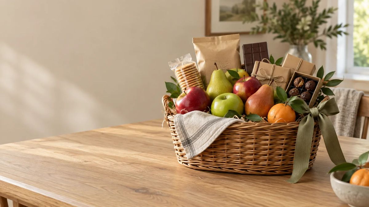 A woven gift basket with fruit and carefully wrapped treats