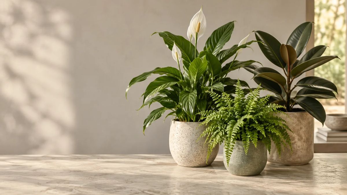 Green houseplants in simple ceramic planters