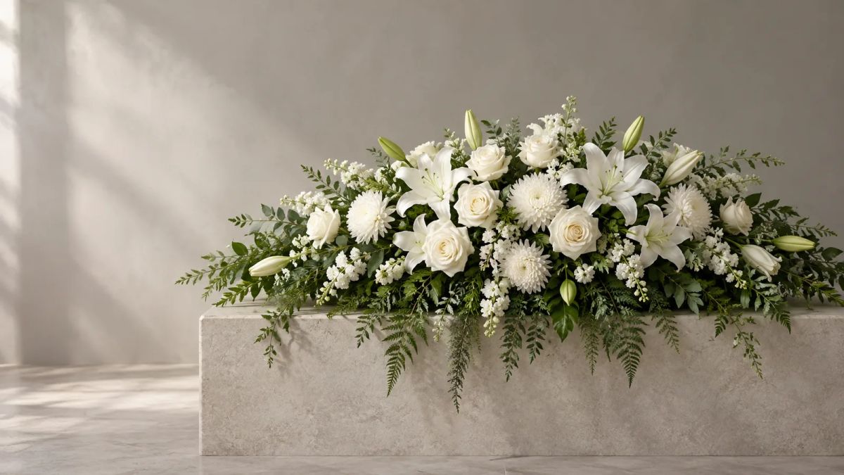 A low, graceful funeral spray of white flowers and greenery