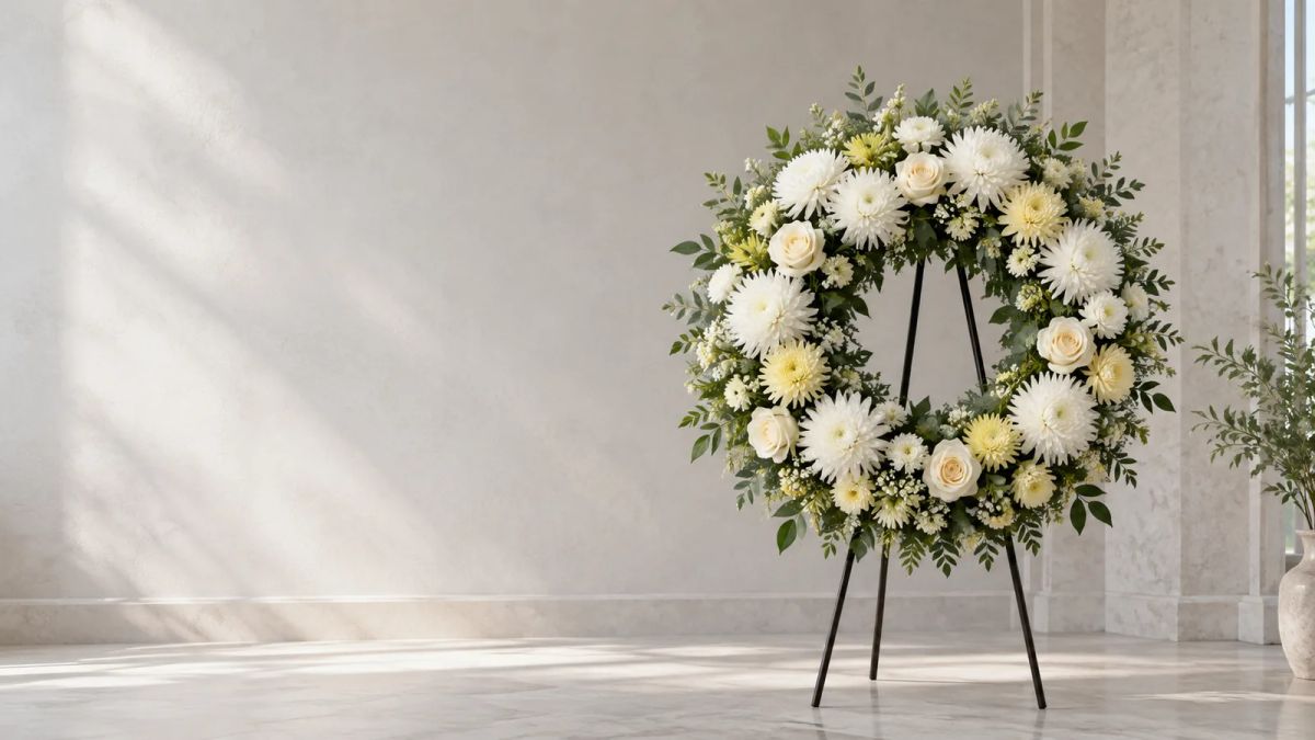 A white and pale yellow floral wreath on an easel