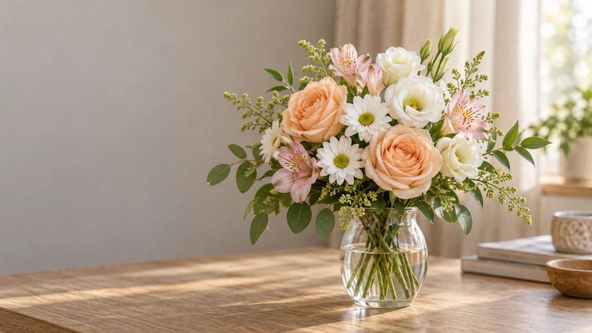 Soft peach, cream and pale pink flowers in natural daylight