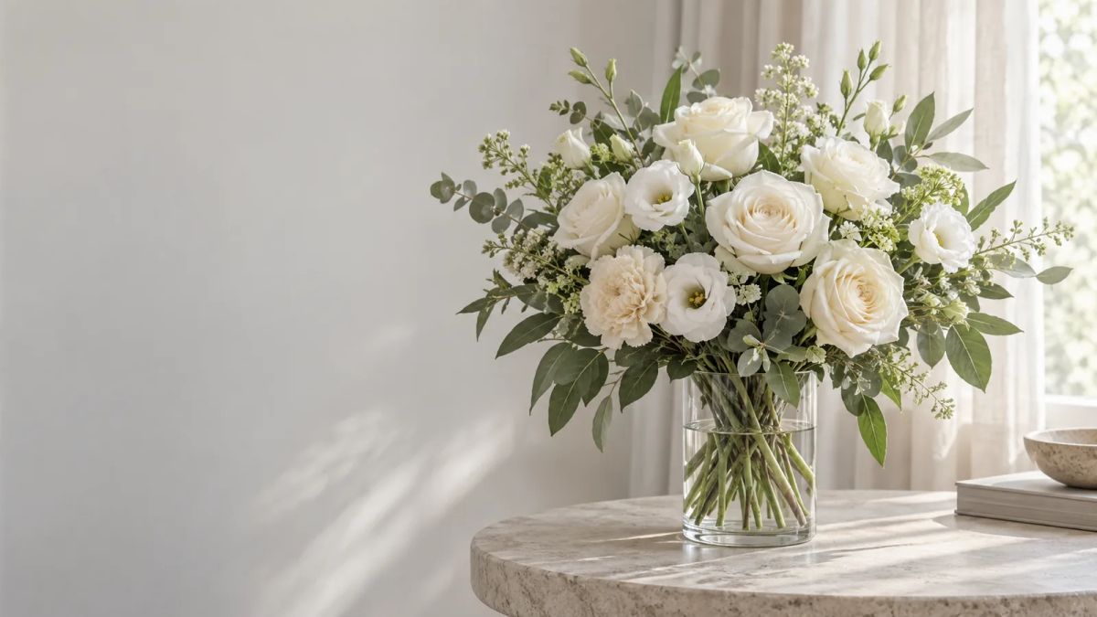 A quiet arrangement of white and ivory flowers